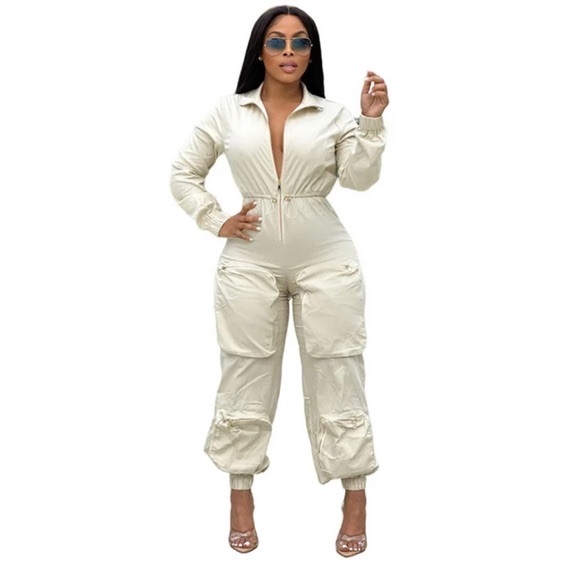 NWT Beige jumpsuit - cargo - fitted with some stretch - dress up or down! - Picture 2 of 2